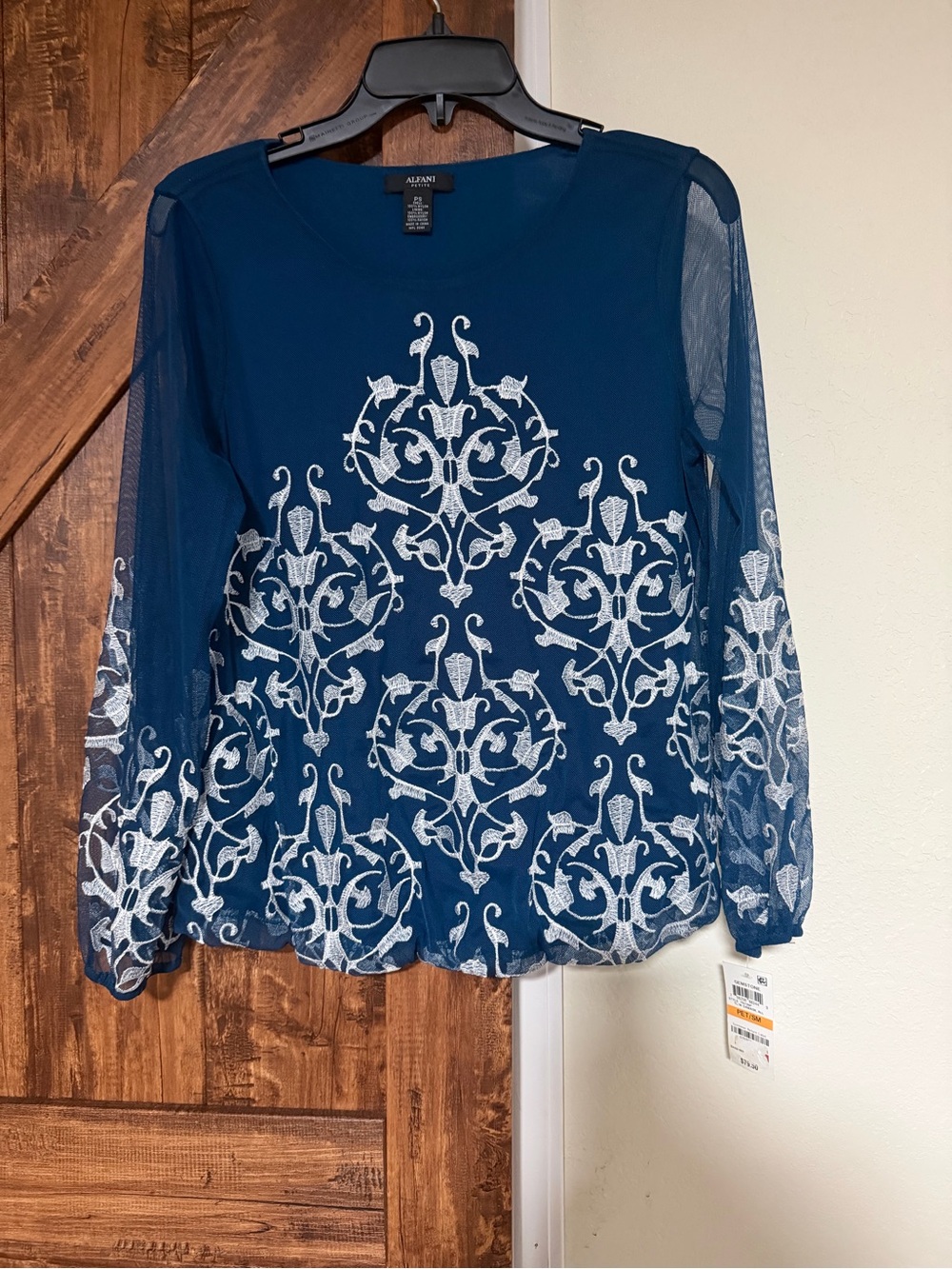 Alfani Women Teal Blue Mesh Long-Sleeve Embroidered Blouse Petite Small